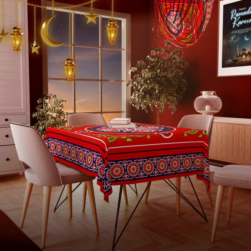 Ramadan Table Cloth 150x150 Oriental Pattern - Red & Blue